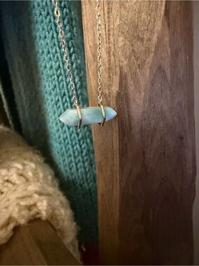 925 Sterling Silver Genuine Larimar Double Point Pendant Necklace